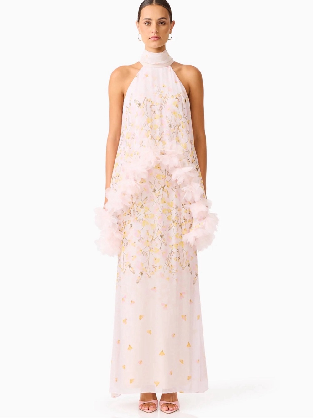 Elliatt Pink Halter Maxi Gown with Gold Floral Embroidery